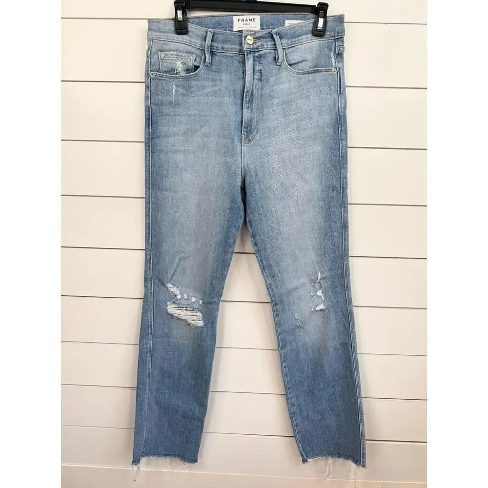 FRAME Le Sylvie Slender Straight Jeans Size 30 Light Blue Distressed Raw Hem - Picture 2 of 12